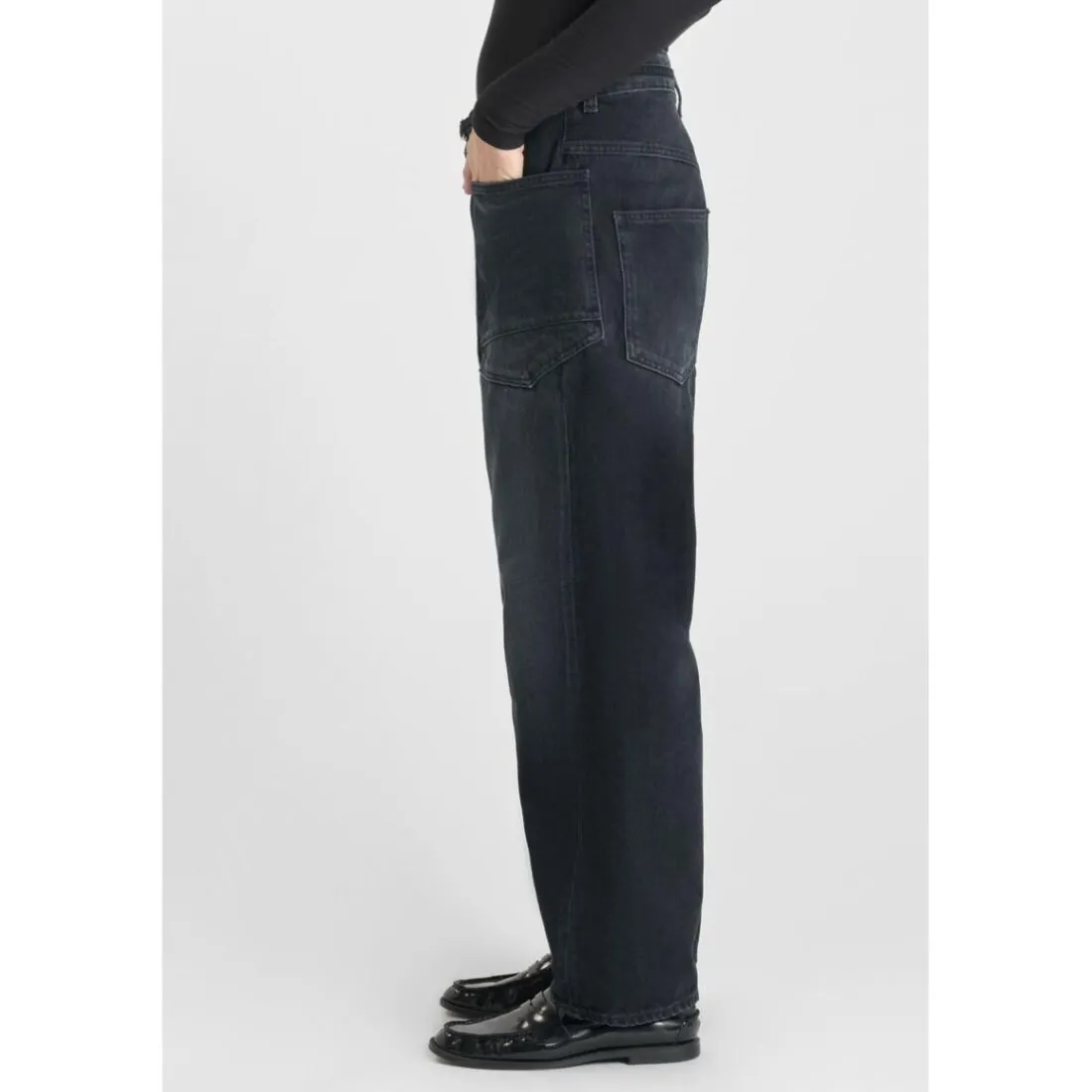 Jeans loose, large balloon taille haute, longueur 34 bleu en coton Alia