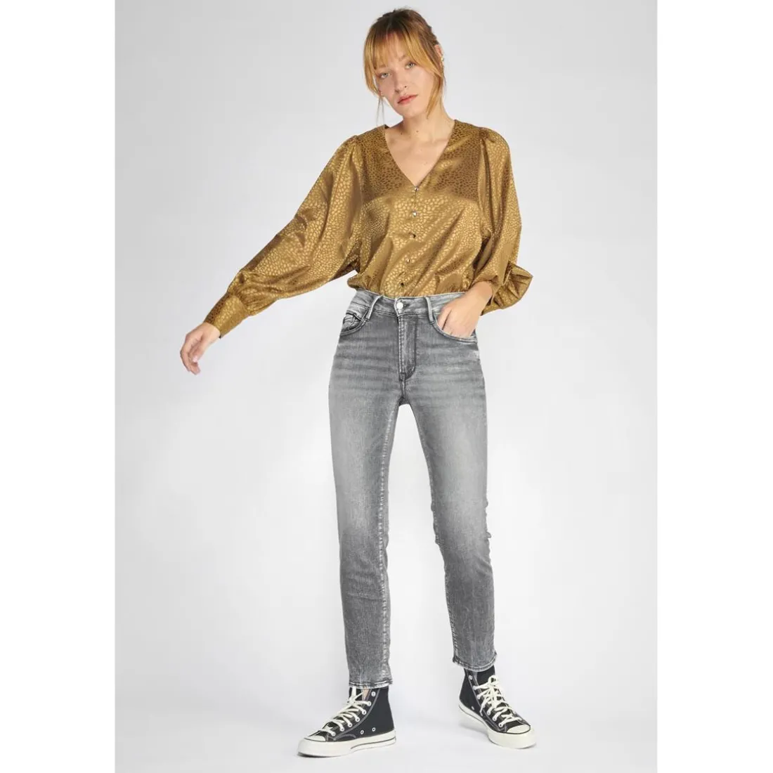 Jeans push-up regular, droit taille haute PULP, 7/8ème gris en coton