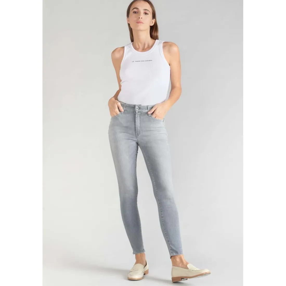 Jeans push-up slim taille haute PULP, 7/8ème gris en coton Noémie