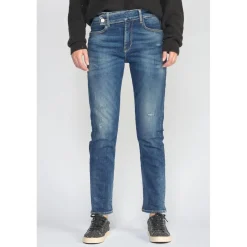 Jeans regular, droit 400/17 mom taille haute 7/8ème bleu en coton