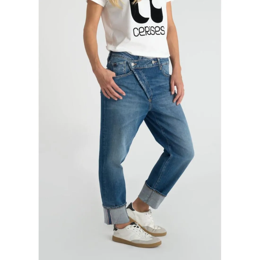 Jeans regular, droit boyfit 7/8ème bleu Lila en coton