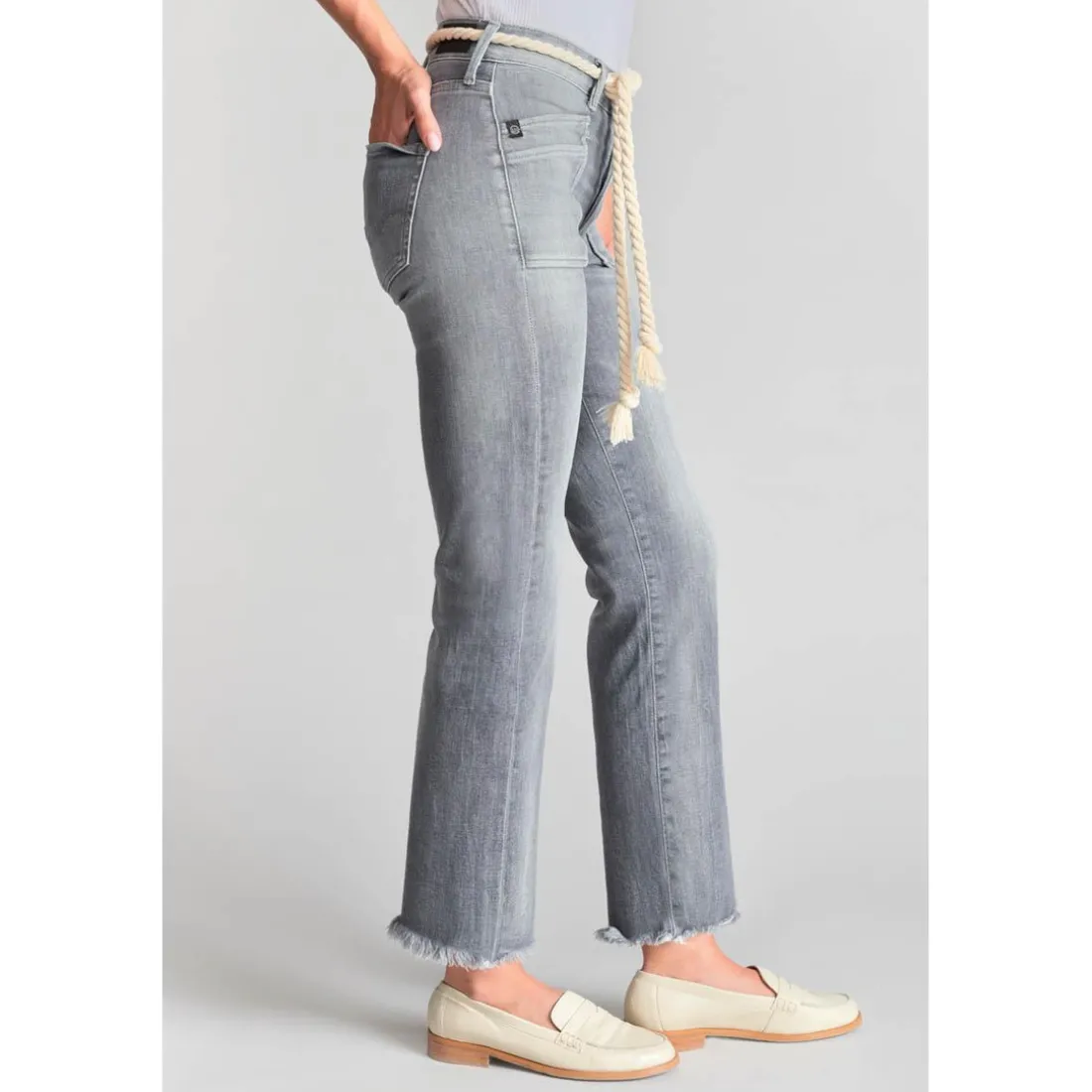 Jeans regular, droit pricilia, 7/8ème gris en coton