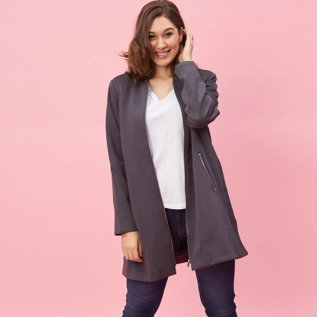 Manteau doublé manches longues épaulettes femme - Gris