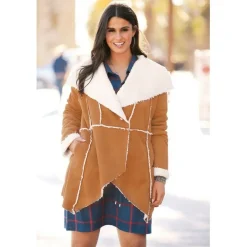 Manteau intérieur fourrure synthétique bas en pointes grandes tailles femme - Camel beige