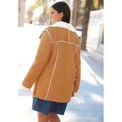 Manteau intérieur fourrure synthétique bas en pointes grandes tailles femme - Camel beige