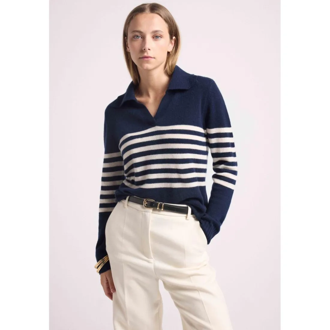 Mariniere col polo cotes BIANCA en cachemire bleu marine et blanc
