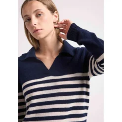 Mariniere col polo cotes BIANCA en cachemire bleu marine et blanc