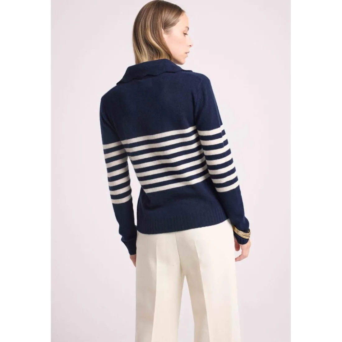 Mariniere col polo cotes BIANCA en cachemire bleu marine et blanc