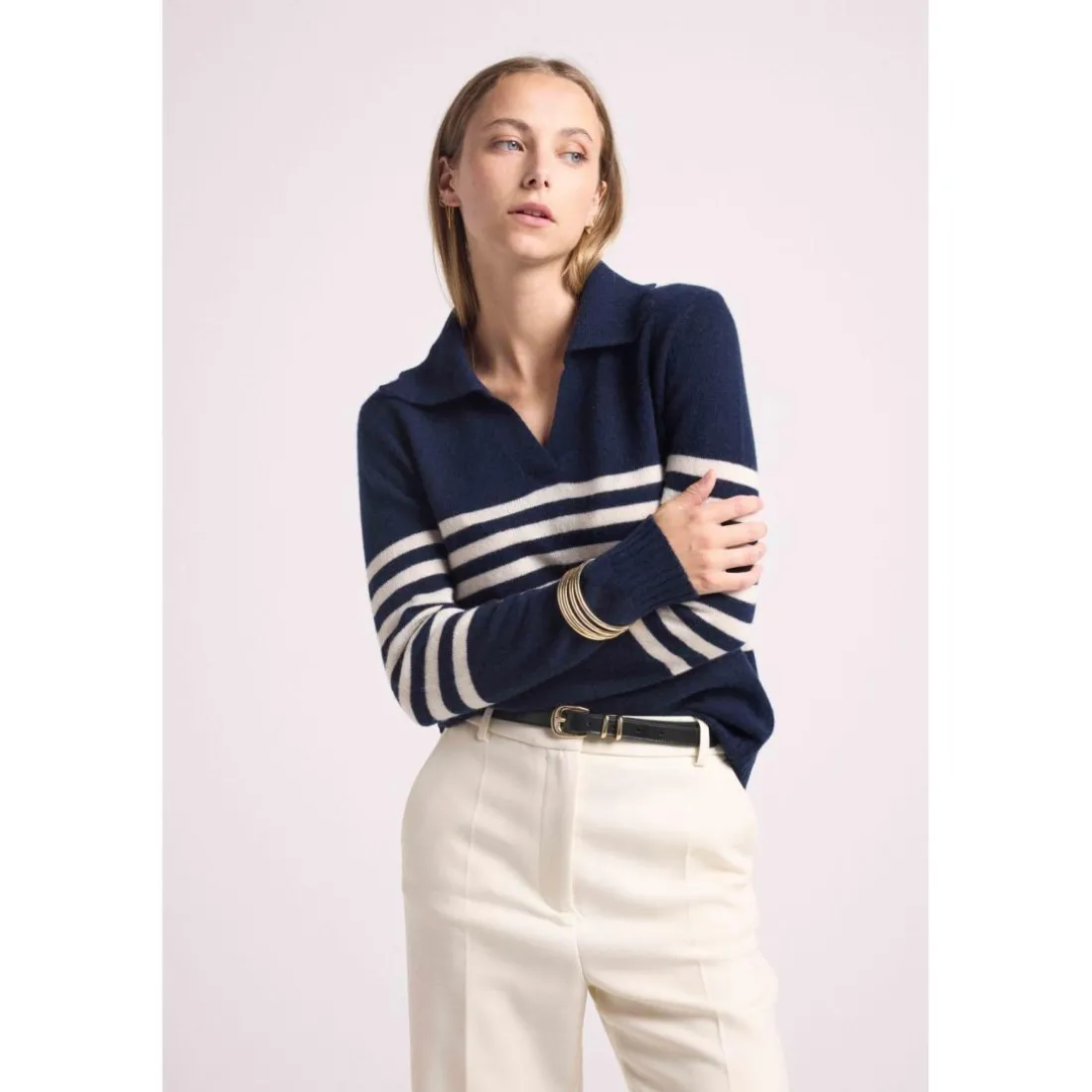 Mariniere col polo cotes BIANCA en cachemire bleu marine et blanc