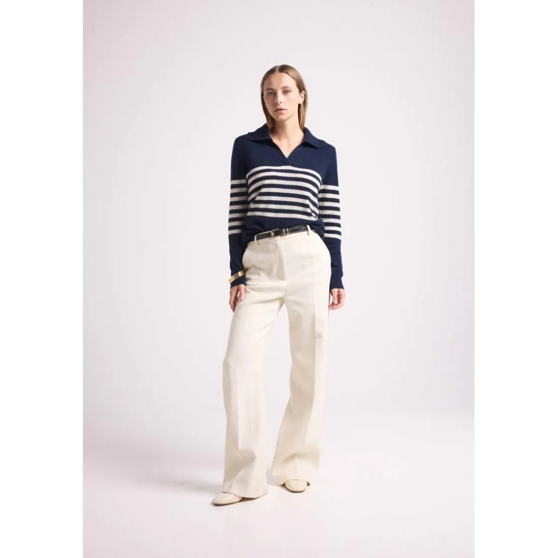 Mariniere col polo cotes BIANCA en cachemire bleu marine et blanc