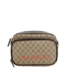 Mini sacoche marron en toile enduite cuir avec logo orange
