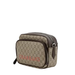 Mini sacoche marron en toile enduite cuir avec logo orange