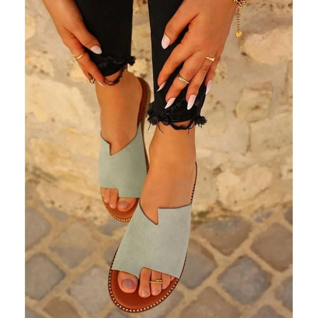 Mules plates femme cuir vert d’eau