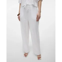 Pantalon à jambe large taille moyenne blanc en lin Lara