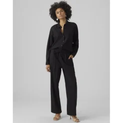Pantalon à jambe large taille moyenne noir en viscose Nora