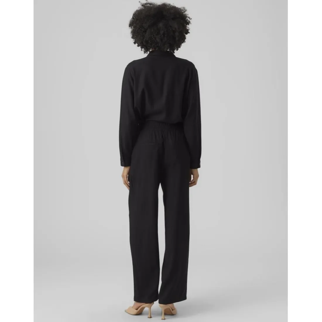 Pantalon à jambe large taille moyenne noir en viscose Nora