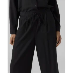 Pantalon à jambe large taille moyenne noir en viscose Nora