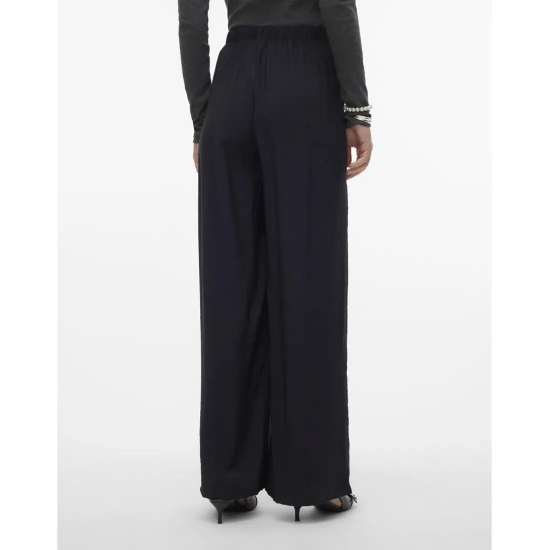 Pantalon à jambe large taille haute noir en viscose Elle