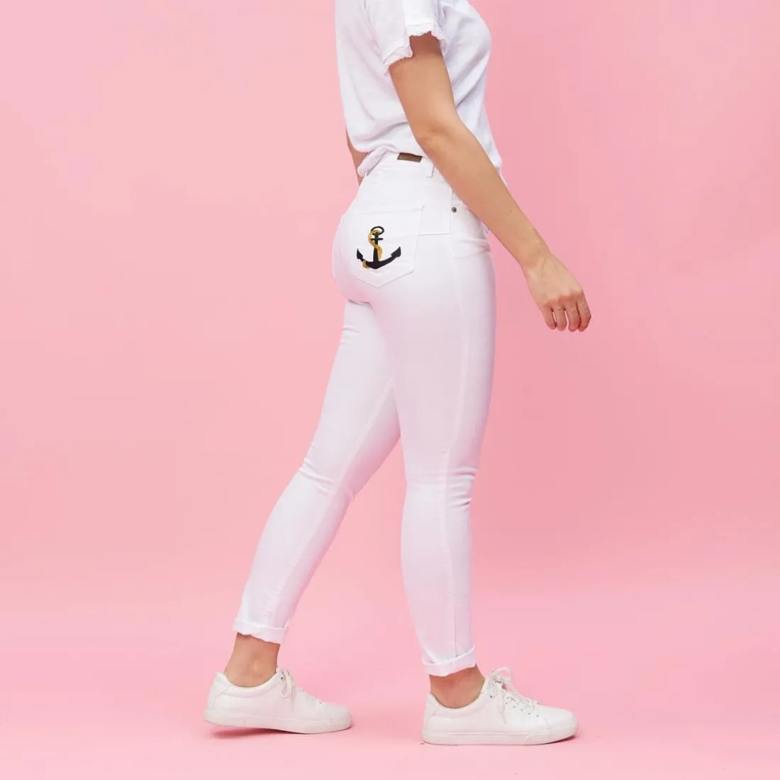 Pantalon 5 poches broderie sur poche femme - Blanc en coton