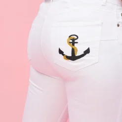Pantalon 5 poches broderie sur poche femme - Blanc en coton