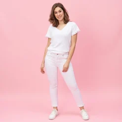 Pantalon 5 poches broderie sur poche femme - Blanc en coton