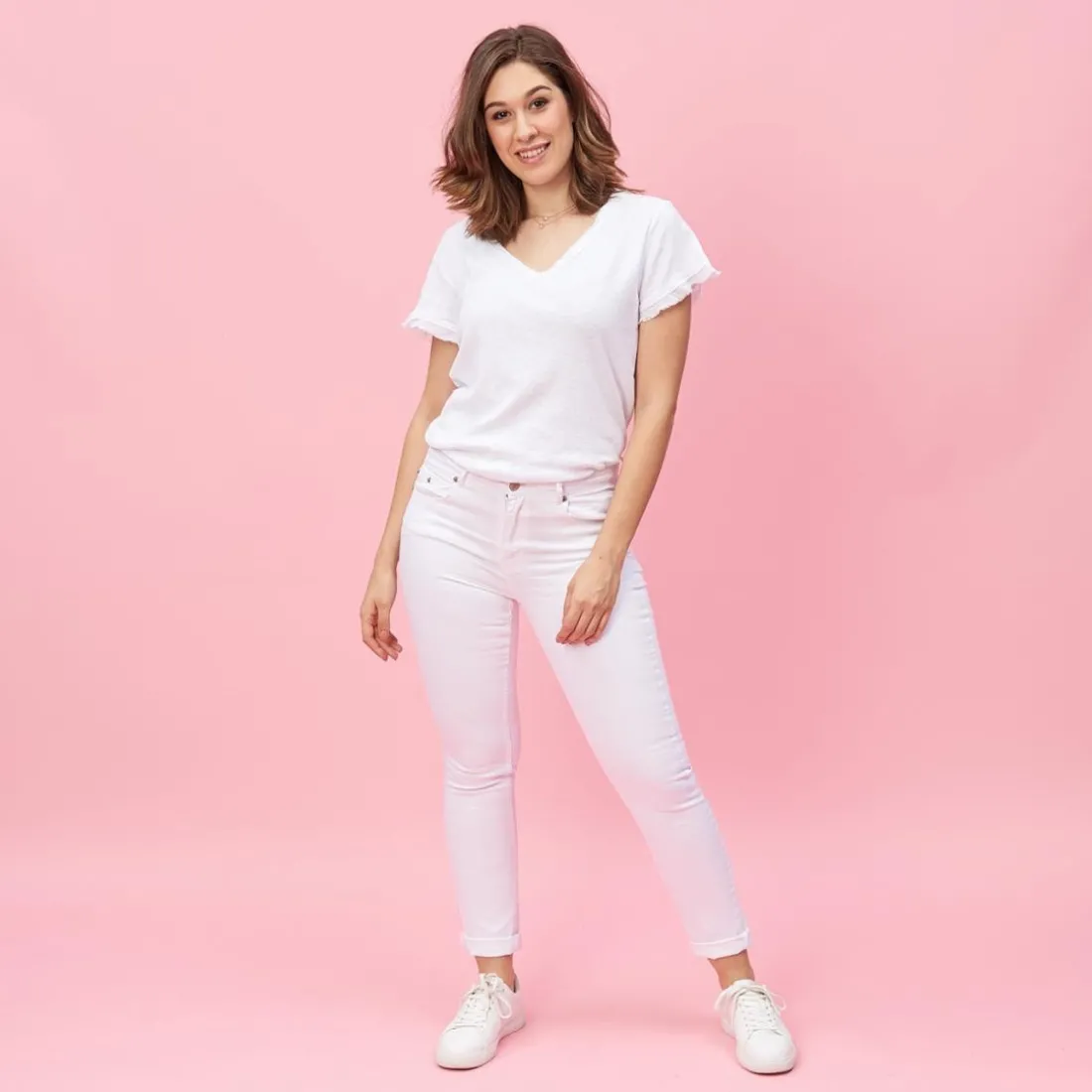 Pantalon 5 poches broderie sur poche femme - Blanc en coton