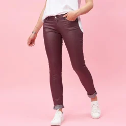 Pantalon 5 poches en coating femme - Rouge