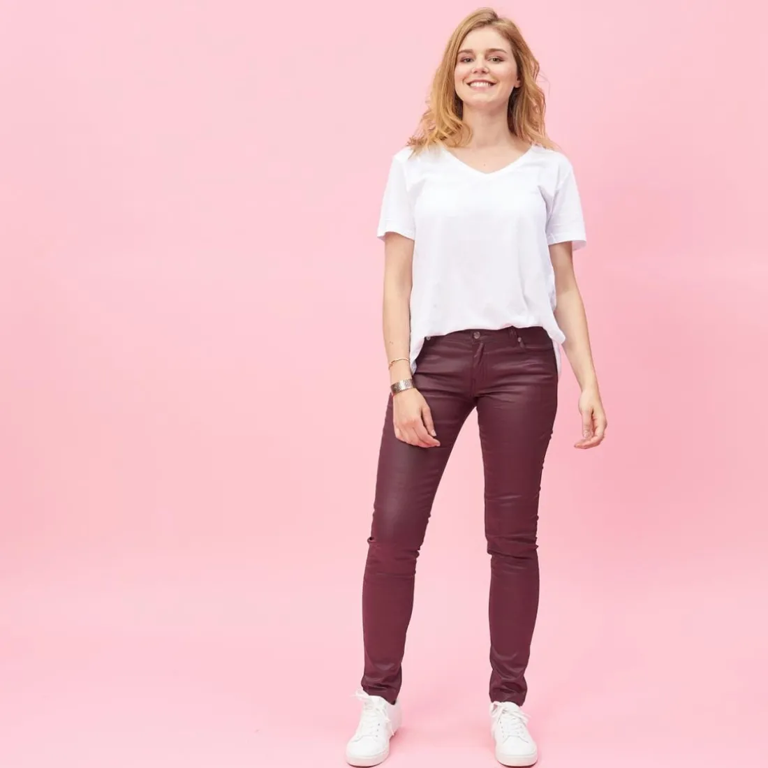 Pantalon 5 poches en coating femme - Rouge