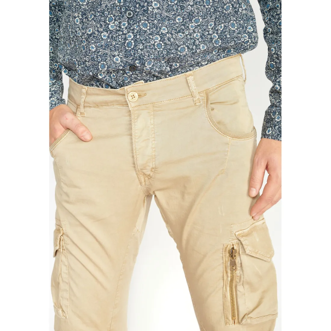 Pantalon Cargo Alban beige blanc en coton