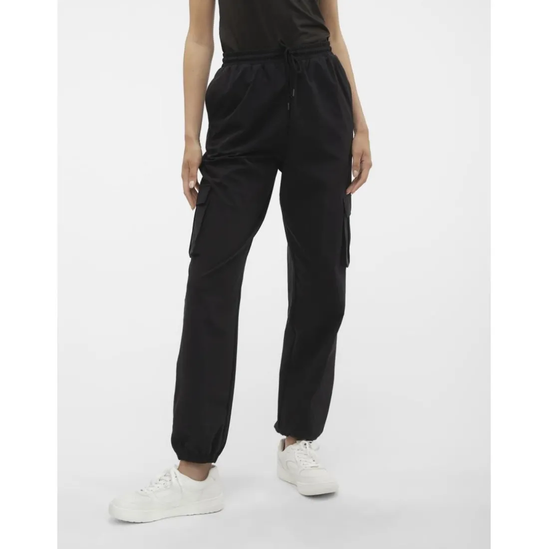Pantalon cargo fermeture à cordon taille haute noir Léa