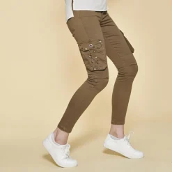 Pantalon cargo sur chevilles poches latérales et coutures genoux femme - Kaki vert en coton