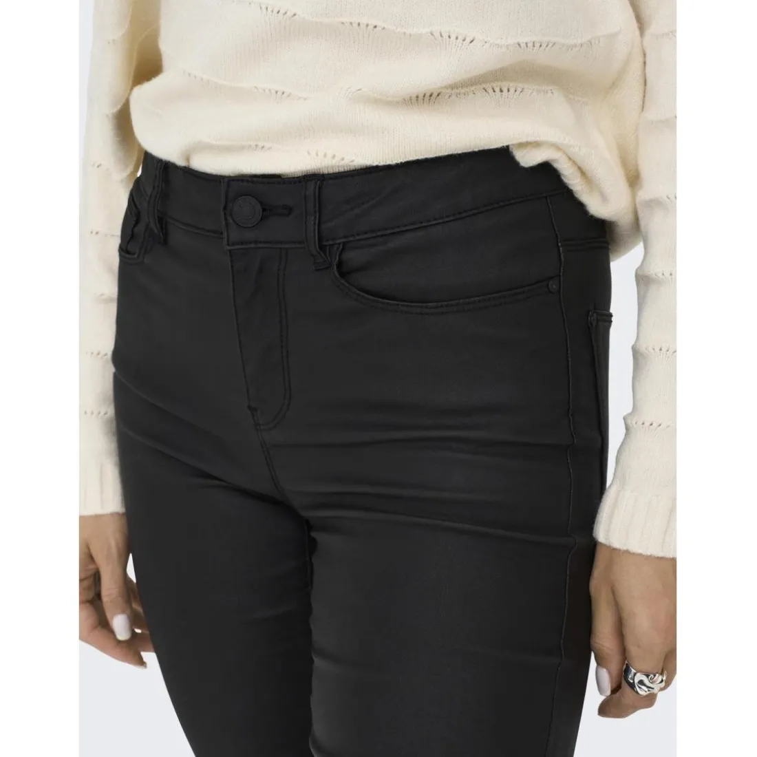 Pantalon en cuir synthétique braguette à boutons taille moyenne noir Isla