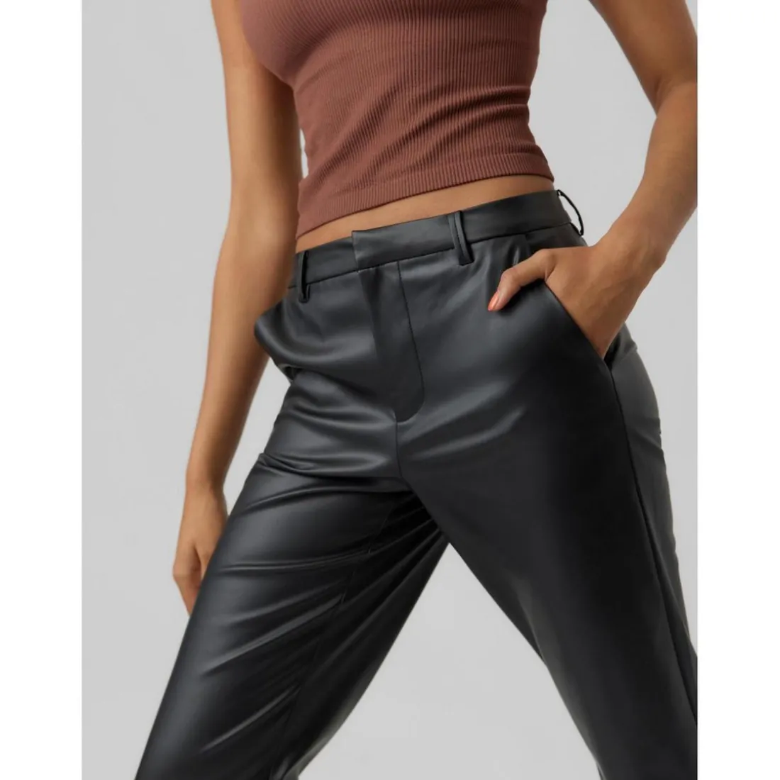 Pantalon en simili-cuir Slim Straight Fit Taille moyenne Pleine longueur noir Ruby