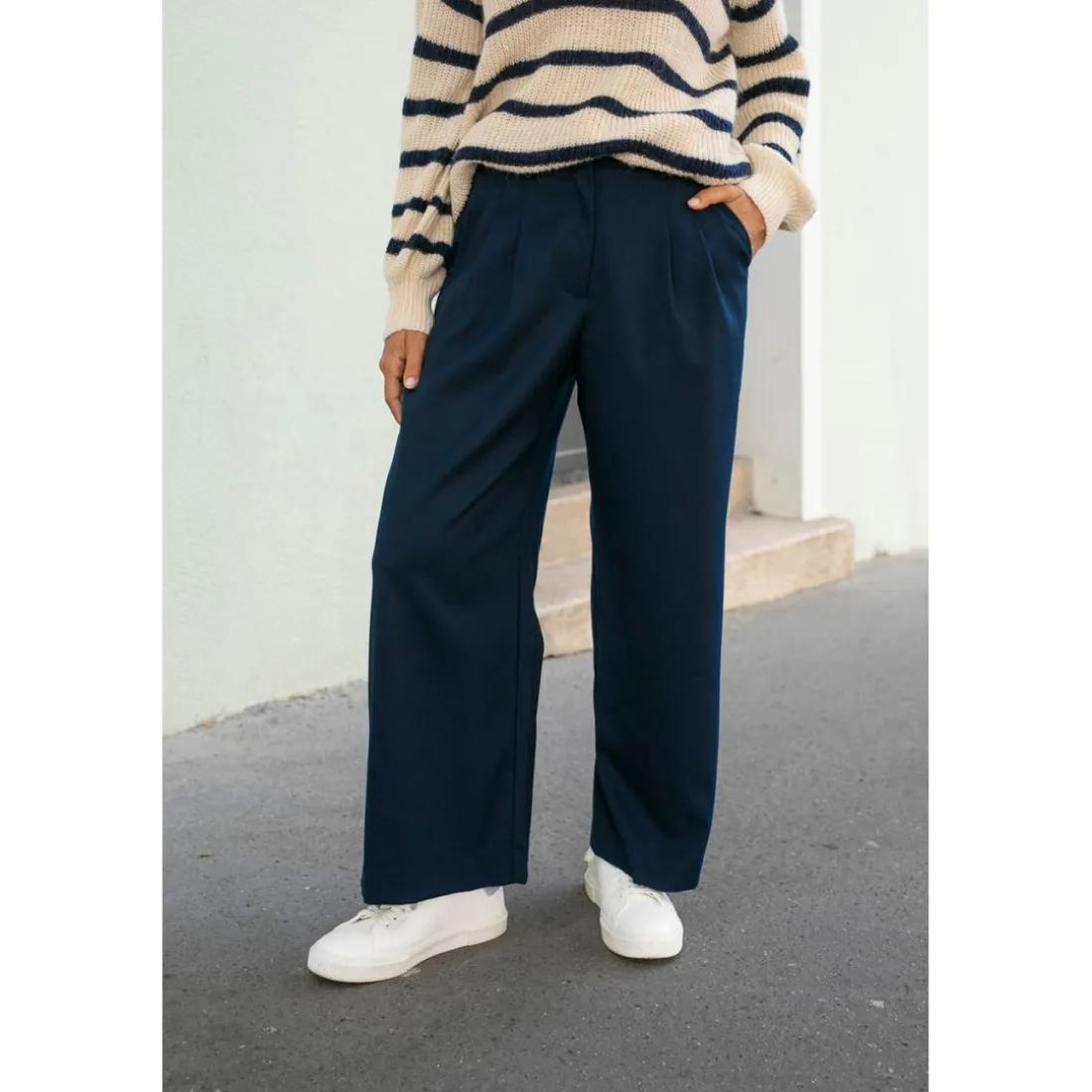 Pantalon Large MIRAZIO bleu marine en coton
