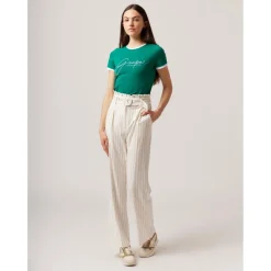 Pantalon large rayé avec ceinture écru en viscose