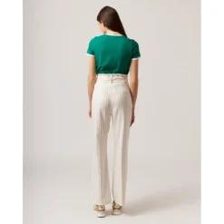 Pantalon large rayé avec ceinture écru en viscose