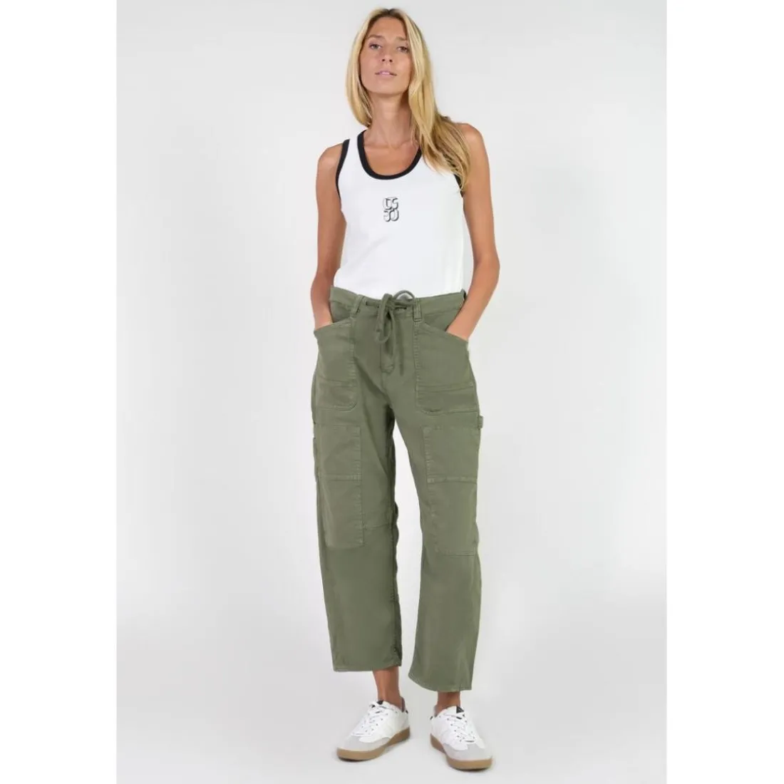 Pantalon loose, large, grandes poches plaquées MADIE kaki vert en coton Joy