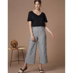 Pantalon rayé jacquard tissu avec lin noir