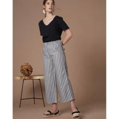 Pantalon rayé jacquard tissu avec lin noir