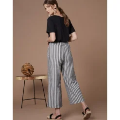 Pantalon rayé jacquard tissu avec lin noir