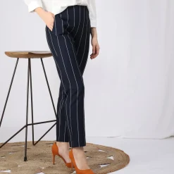 Pantalon rayé taille élastique poches et pinces dos femme - Rayé Bleu Marine