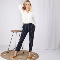 Pantalon rayé taille élastique poches et pinces dos femme - Rayé Bleu Marine