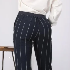Pantalon rayé taille élastique poches et pinces dos femme - Rayé Bleu Marine