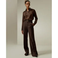 Pantalon taille haute à fines rayures café en soie