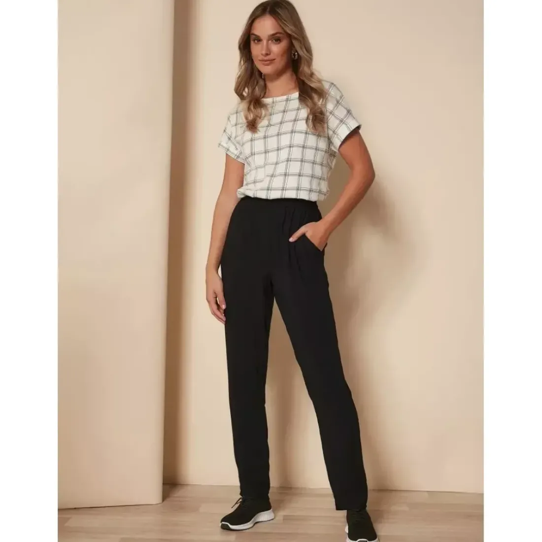 Pantalon taille élastique, viscose douce au toucher noir