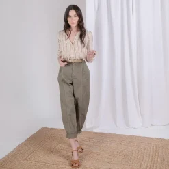 Pantalon twill carotte avec ceinture Luna en coton kaki