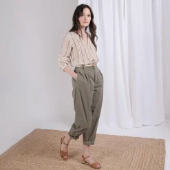 Pantalon twill carotte avec ceinture Luna en coton kaki