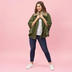 Parka poncho col chemise et boutons femme - Vert
