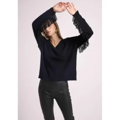 Pull ample col V franges JULIA en cachemire noir