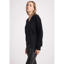 Pull ample col V franges JULIA en cachemire noir